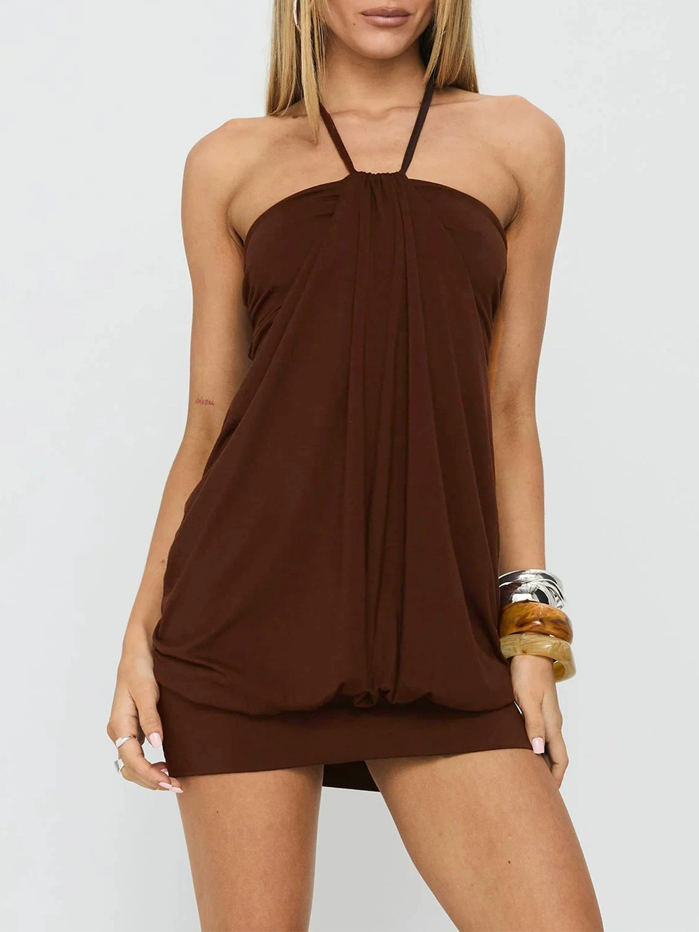ZARA Halter Neck Pleated Bubble Mini Dress Summer Off Shoulder Slim Fit